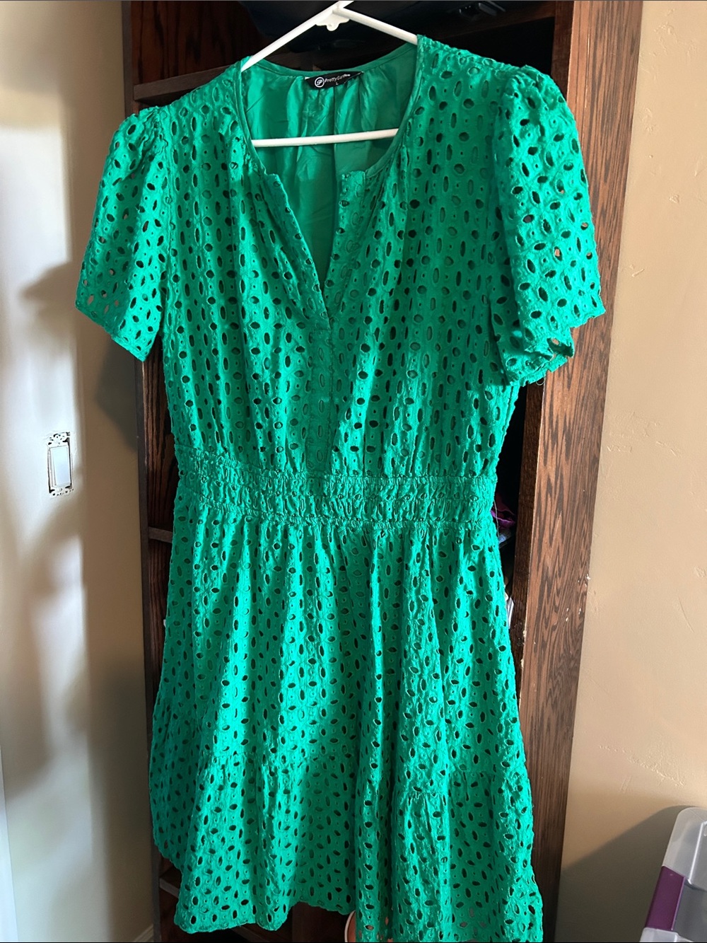 Green Eyelet Short Sleeve Dress with Shirred Waist by Unknown Brand
